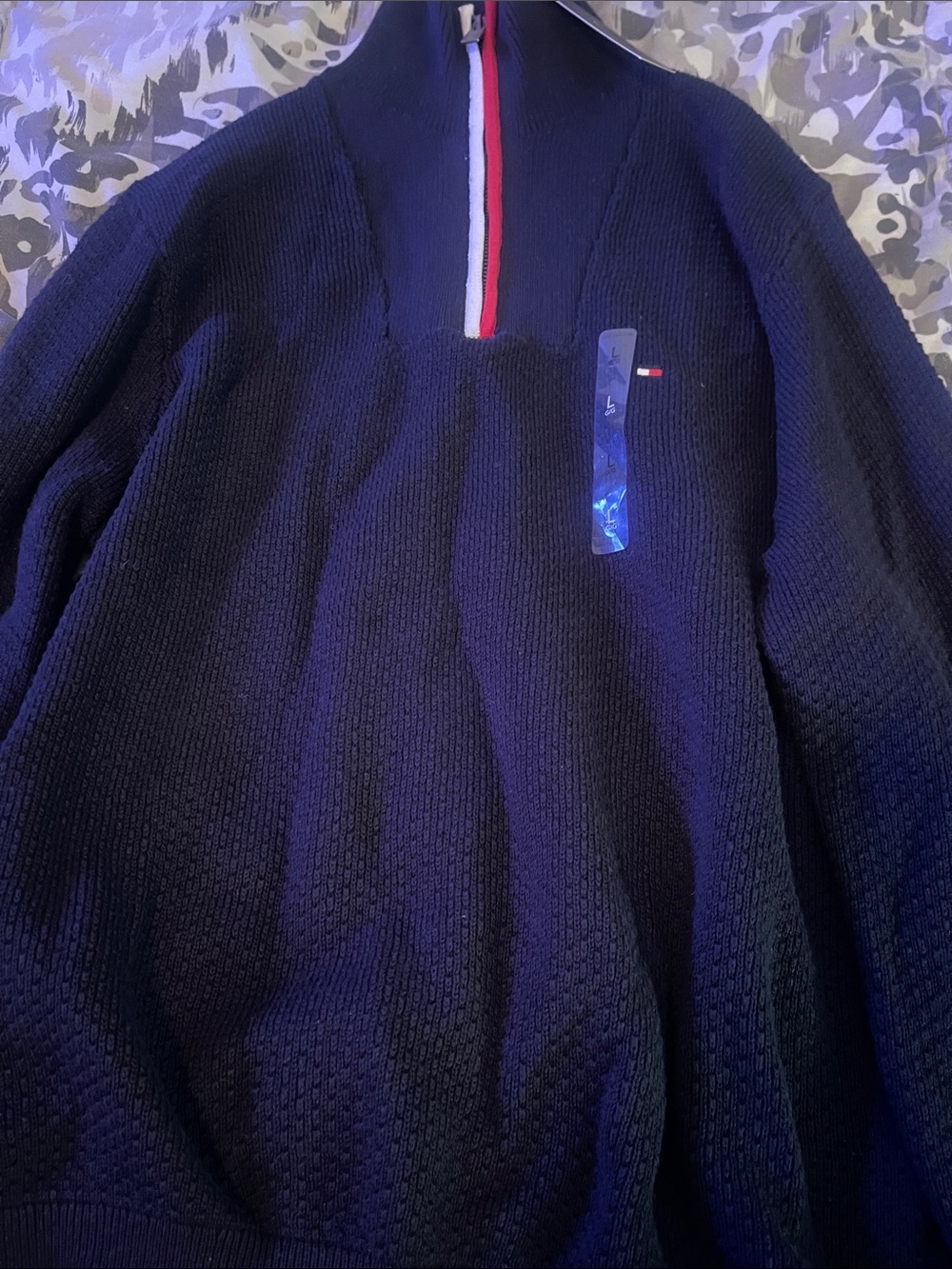 Tommy Hilfiger Navy Quarter-Zip Sweater with Red & White Trim
